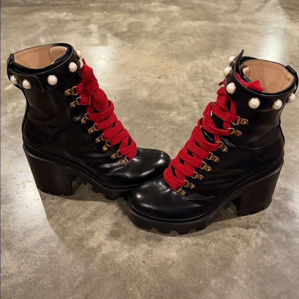Authentic Gucci Black and Red Women's Boots with Pearl straps